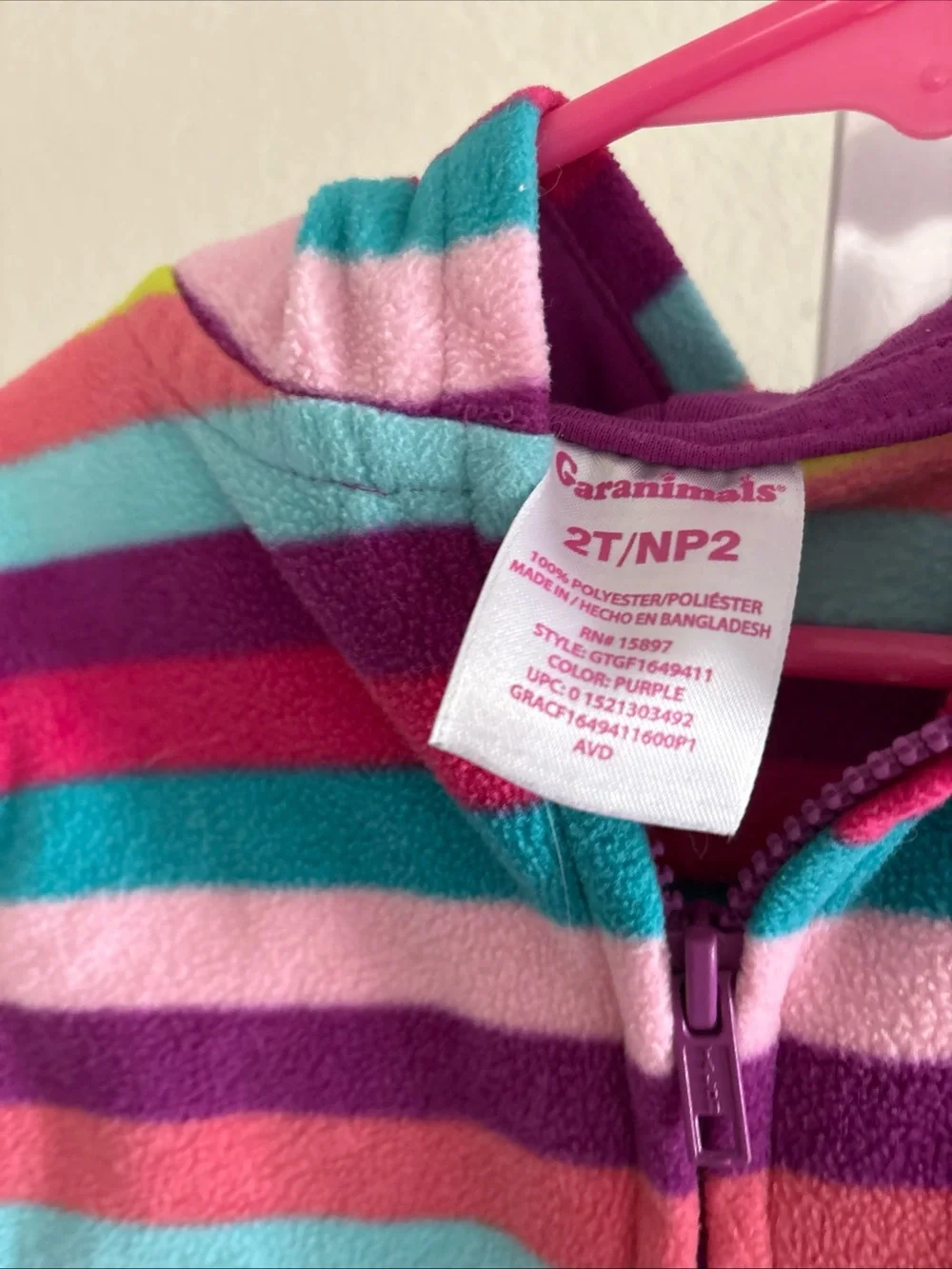 Colorful Striped Hooded Fleece Jacket - Pink, Teal, Lime Childs Size 2T